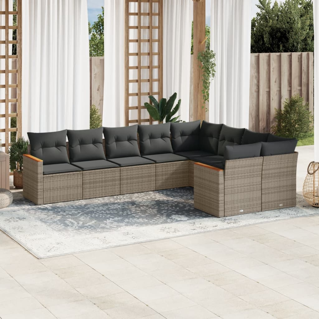 9 Pcs conjunto sofás p/ jardim com almofadões vime PE cinzento