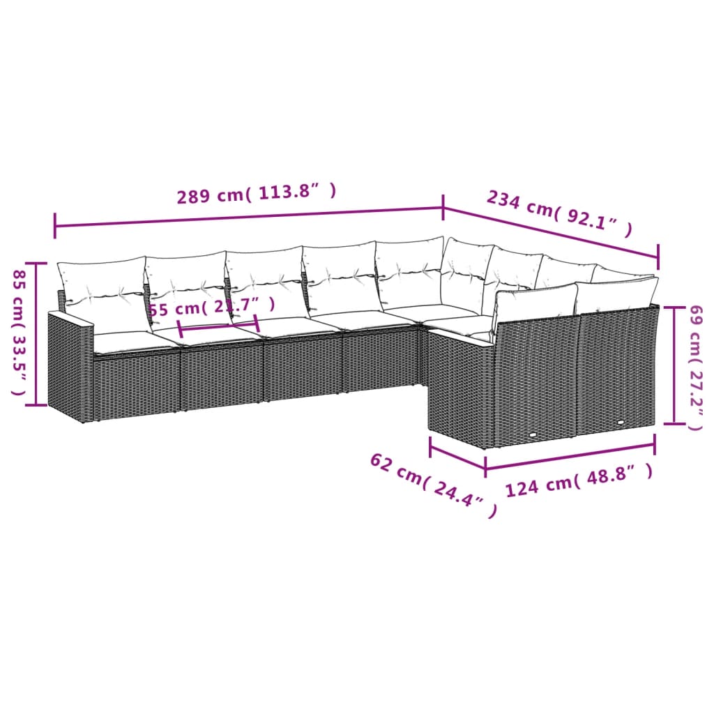 9 Pcs conjunto sofás p/ jardim com almofadões vime PE cinzento