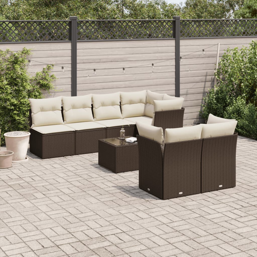 8 Pcs conjunto sofás de jardim c/ almofadões vime PE castanho