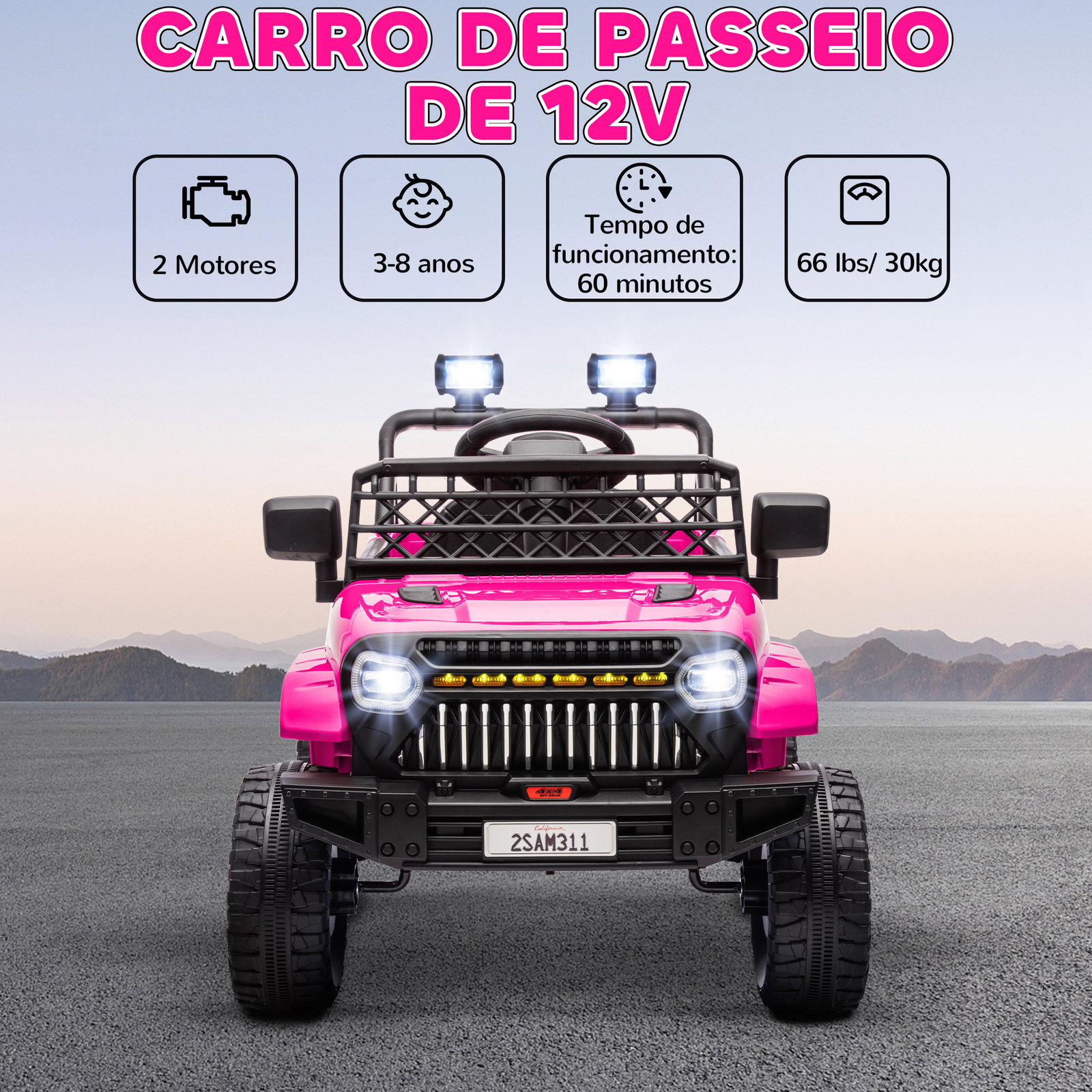 Carro elétrico para crianças carro elétrico infantil utv 12v com velocidade ajustável USB e faróis 95x62,5x65 cm rosa