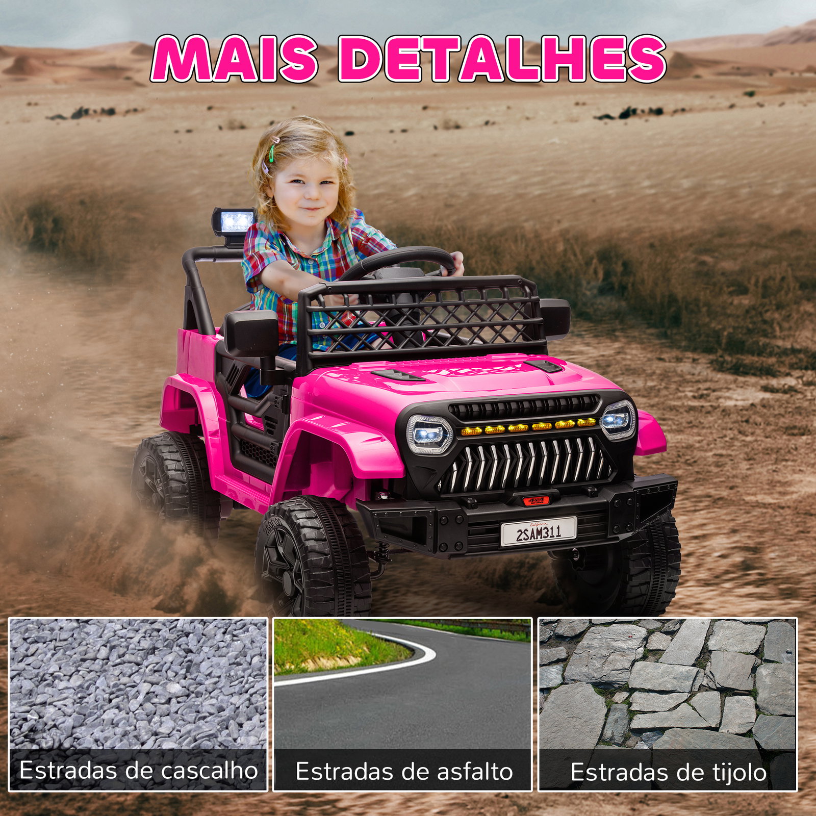 Carro elétrico para crianças carro elétrico infantil utv 12v com velocidade ajustável USB e faróis 95x62,5x65 cm rosa