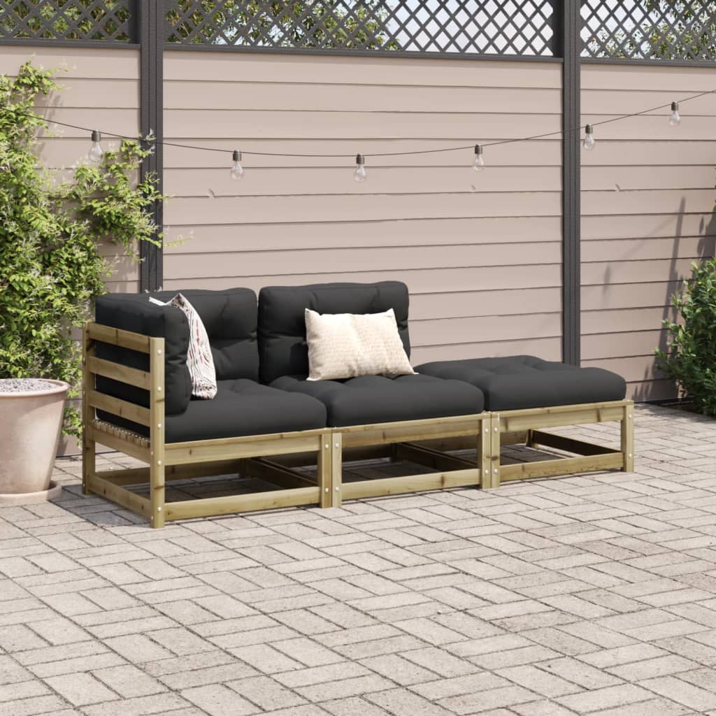 3 Pcs conjunto sofás de jardim c/ almofadões pinho impregnado
