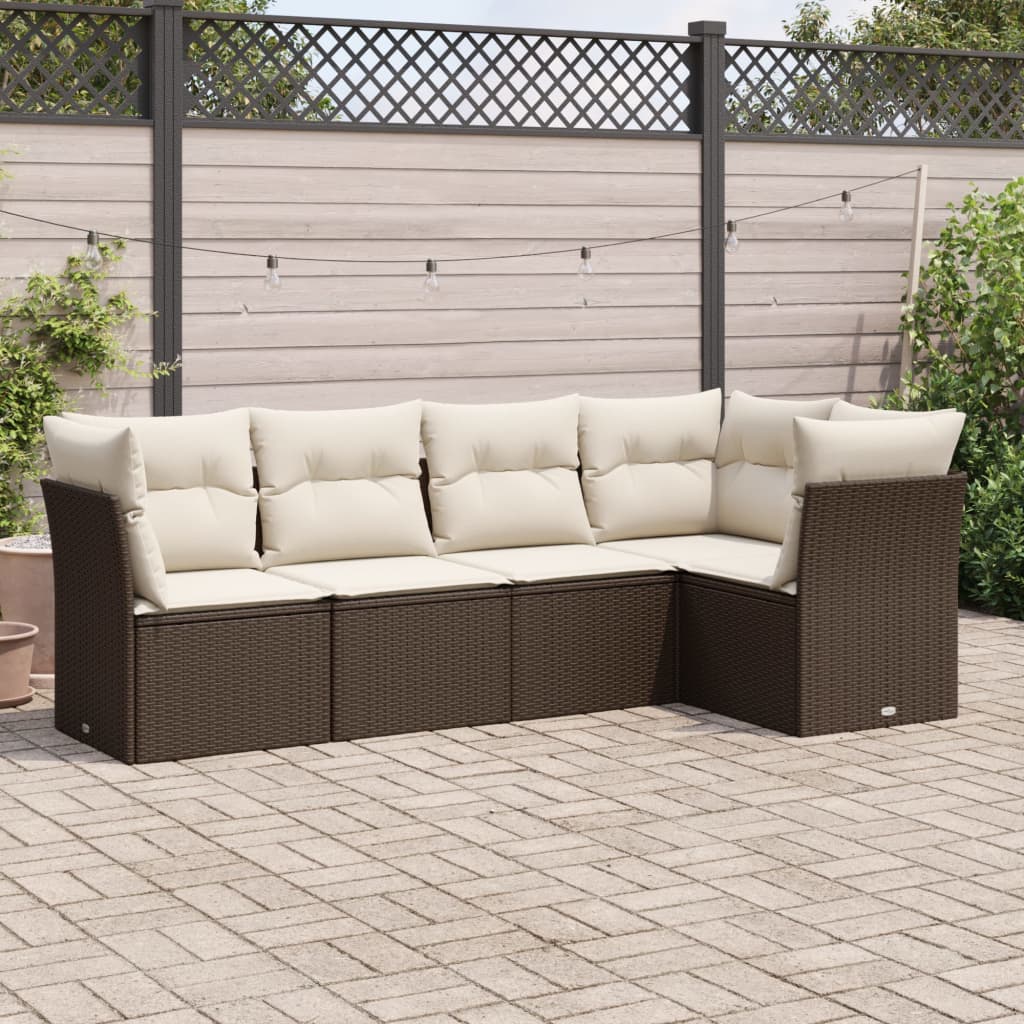 5 Pcs conjunto sofás p/ jardim c/ almofadões vime PE castanho