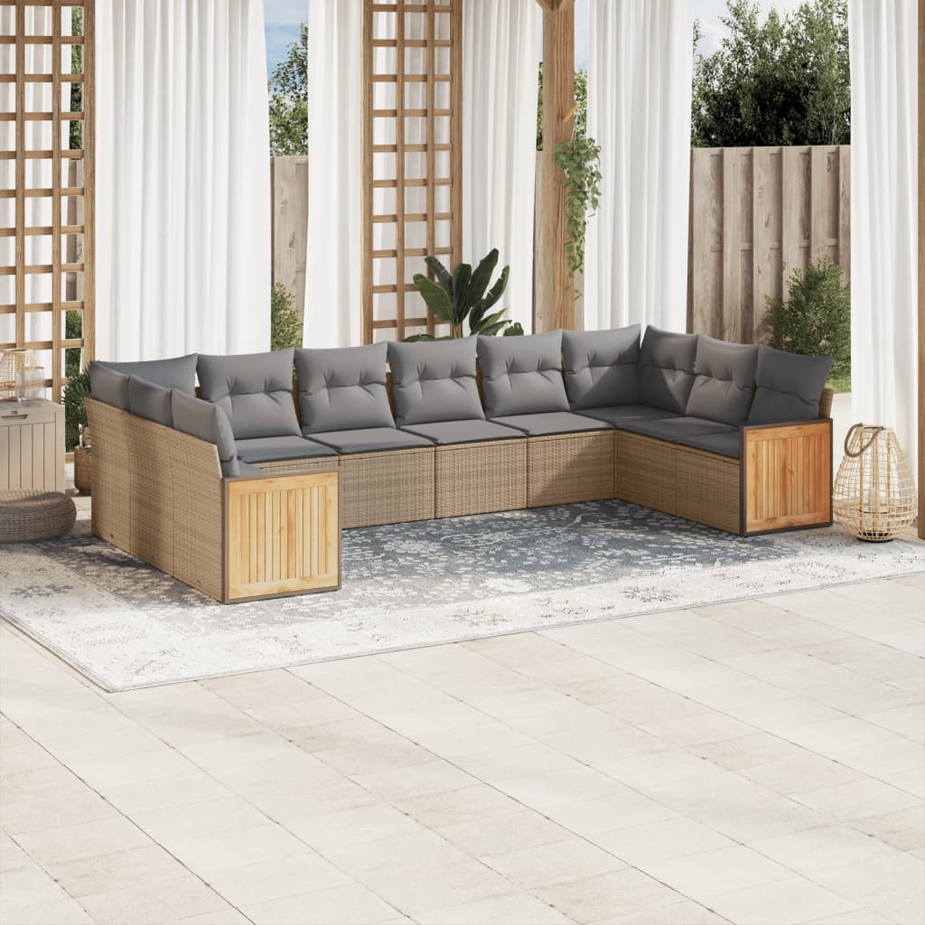 10 Pcs conjunto de sofás p/ jardim com almofadões vime PE bege