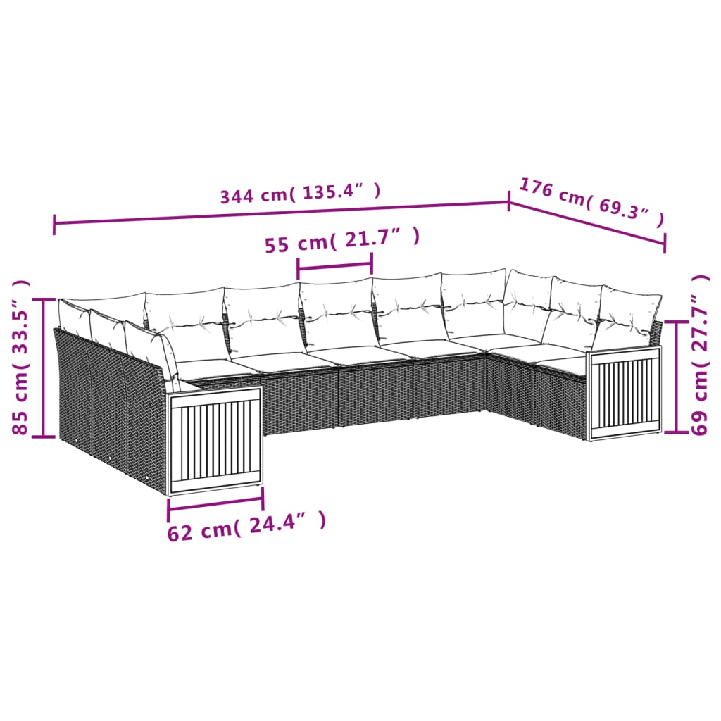 10 Pcs conjunto de sofás p/ jardim com almofadões vime PE bege