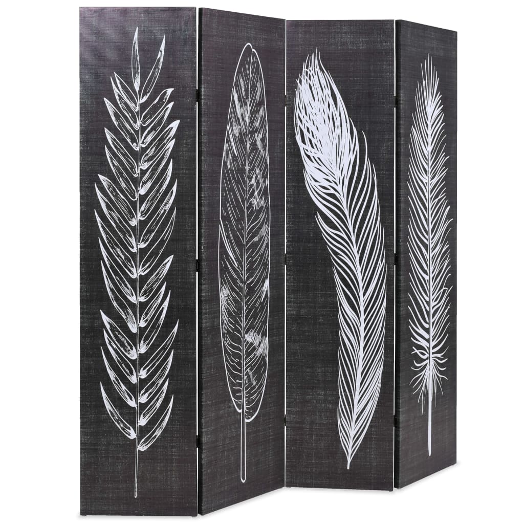 Biombo dobrável com estampa de penas 160x170 cm preto e branco