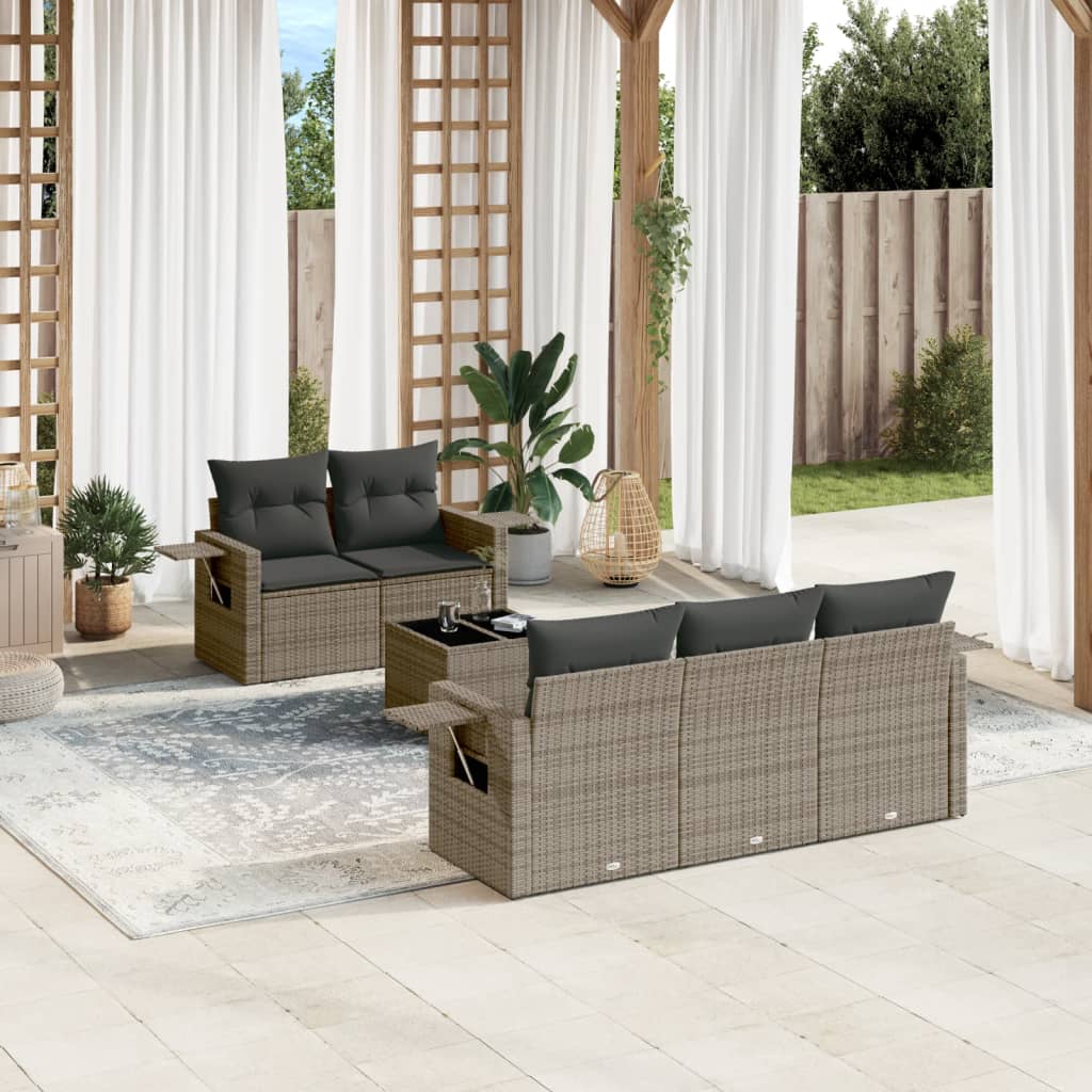 6 Pcs conjunto sofás de jardim com almofadões vime cinzento