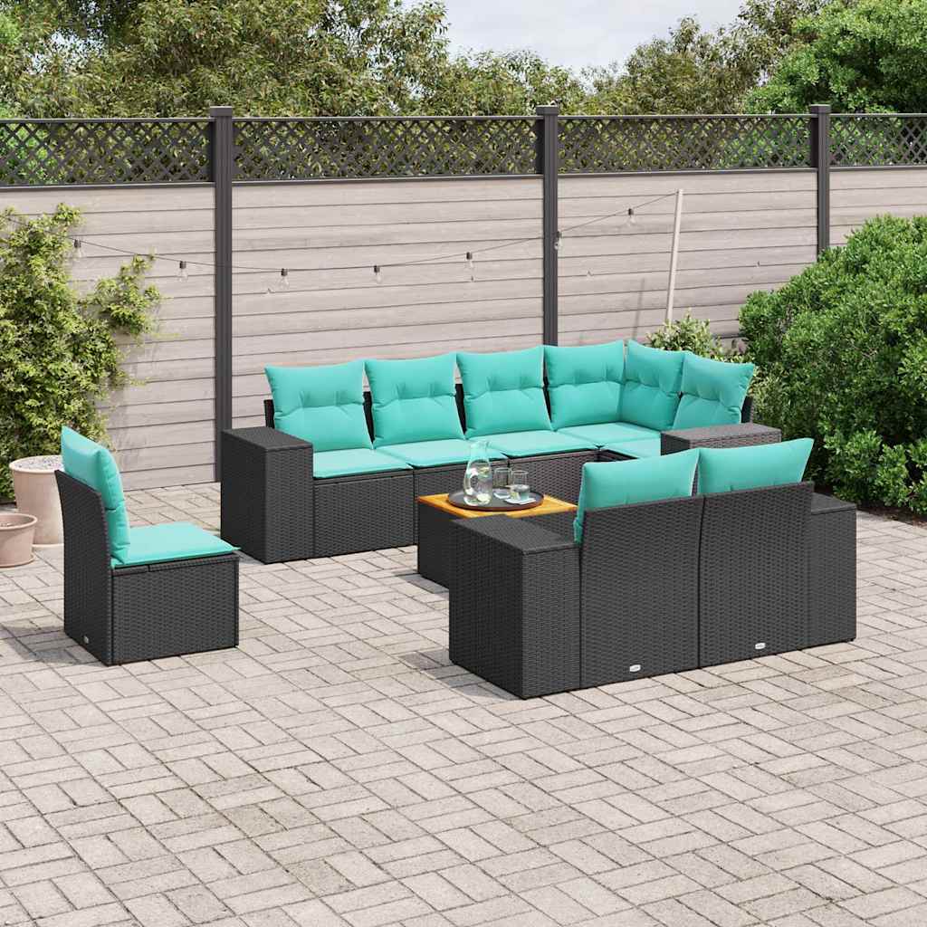 Conjunto de sofá de jardim de 9 peças com almofadas em rattan sintético preto