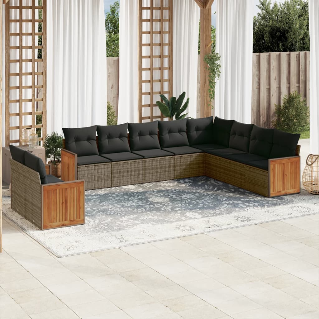 10 Pcs conjunto sofás de jardim c/ almofadões vime PE cinzento