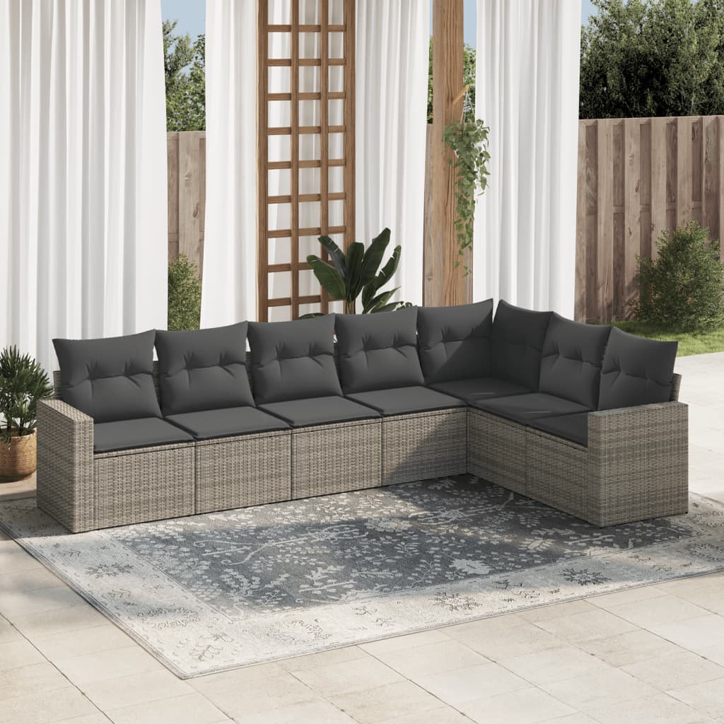 7 Pcs conjunto sofás p/ jardim c/ almofadões vime PE cinzento