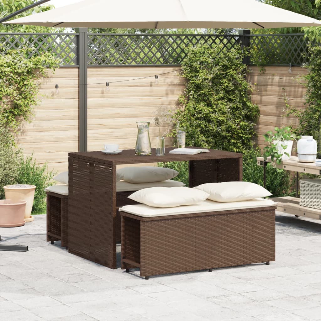 3 Pcs conjunto jantar p/ jardim c/ almofadões vime PE castanho