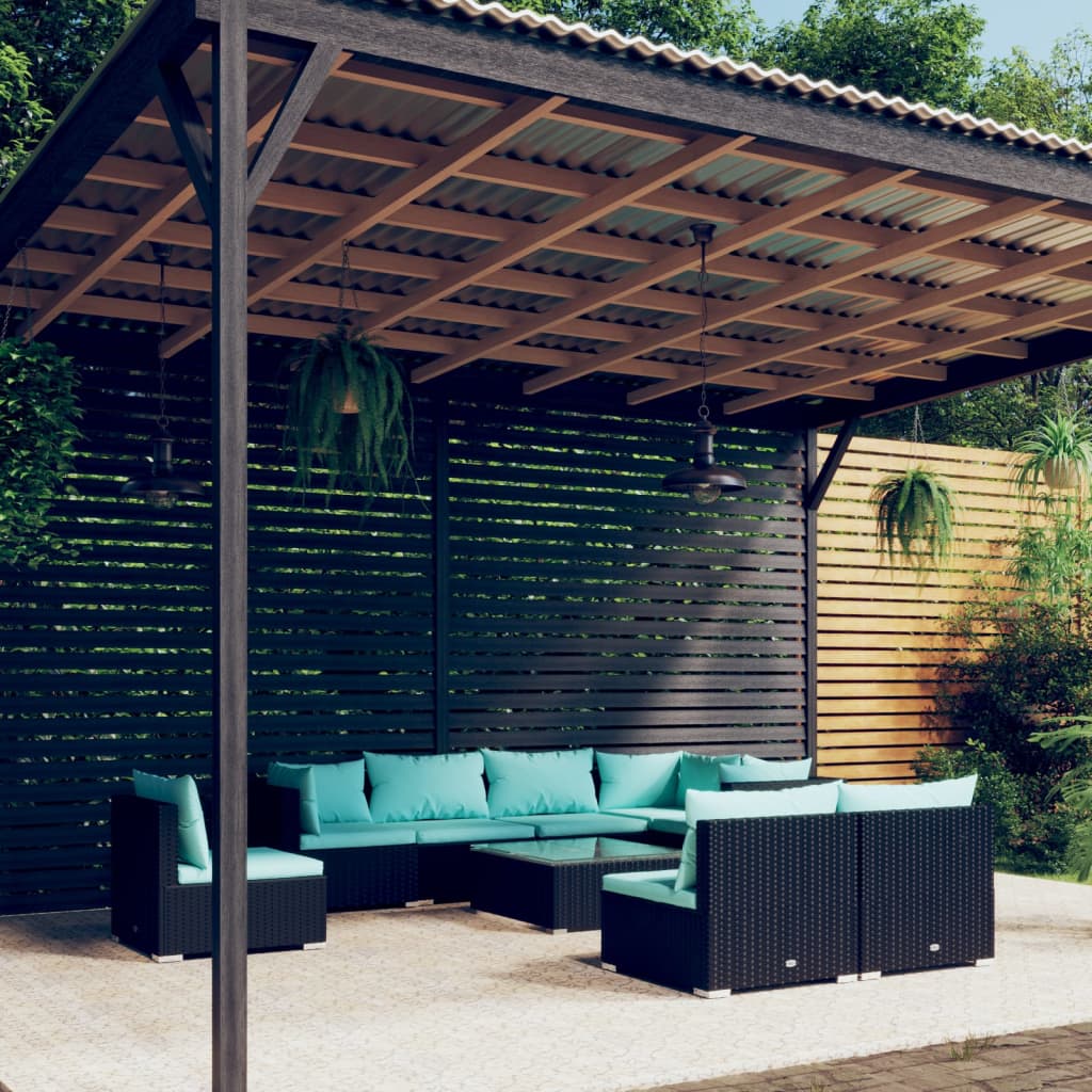 9 Pcs conjunto lounge de jardim c/ almofadões vime PE preto