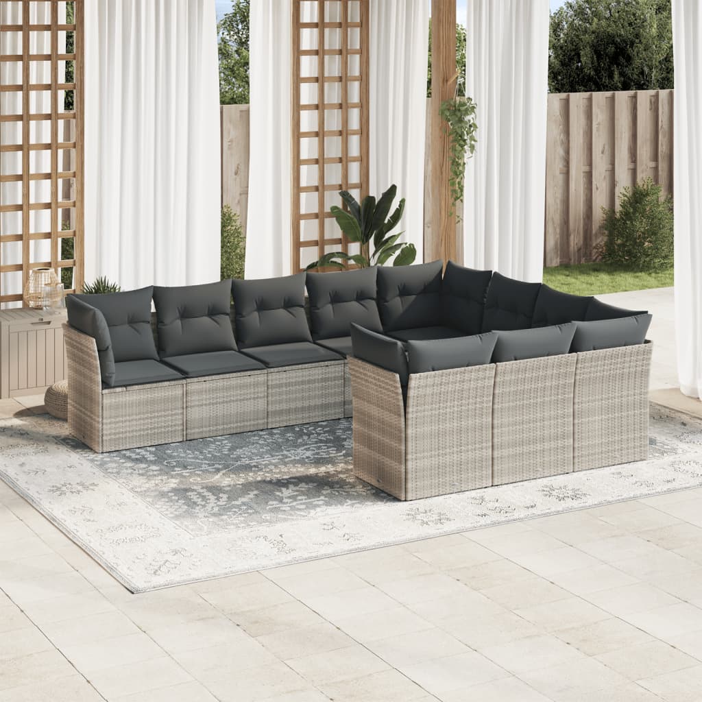 10 Pcs conj. sofás jardim com almofadões vime PE cinzento-claro