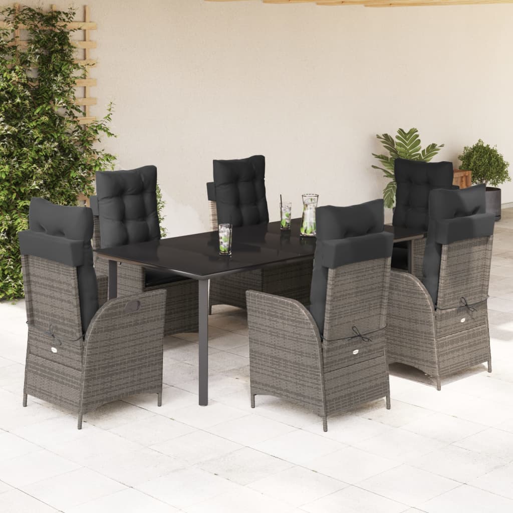 7 Pcs conjunto de jantar p/ jardim c/ almofadões vime PE cinza
