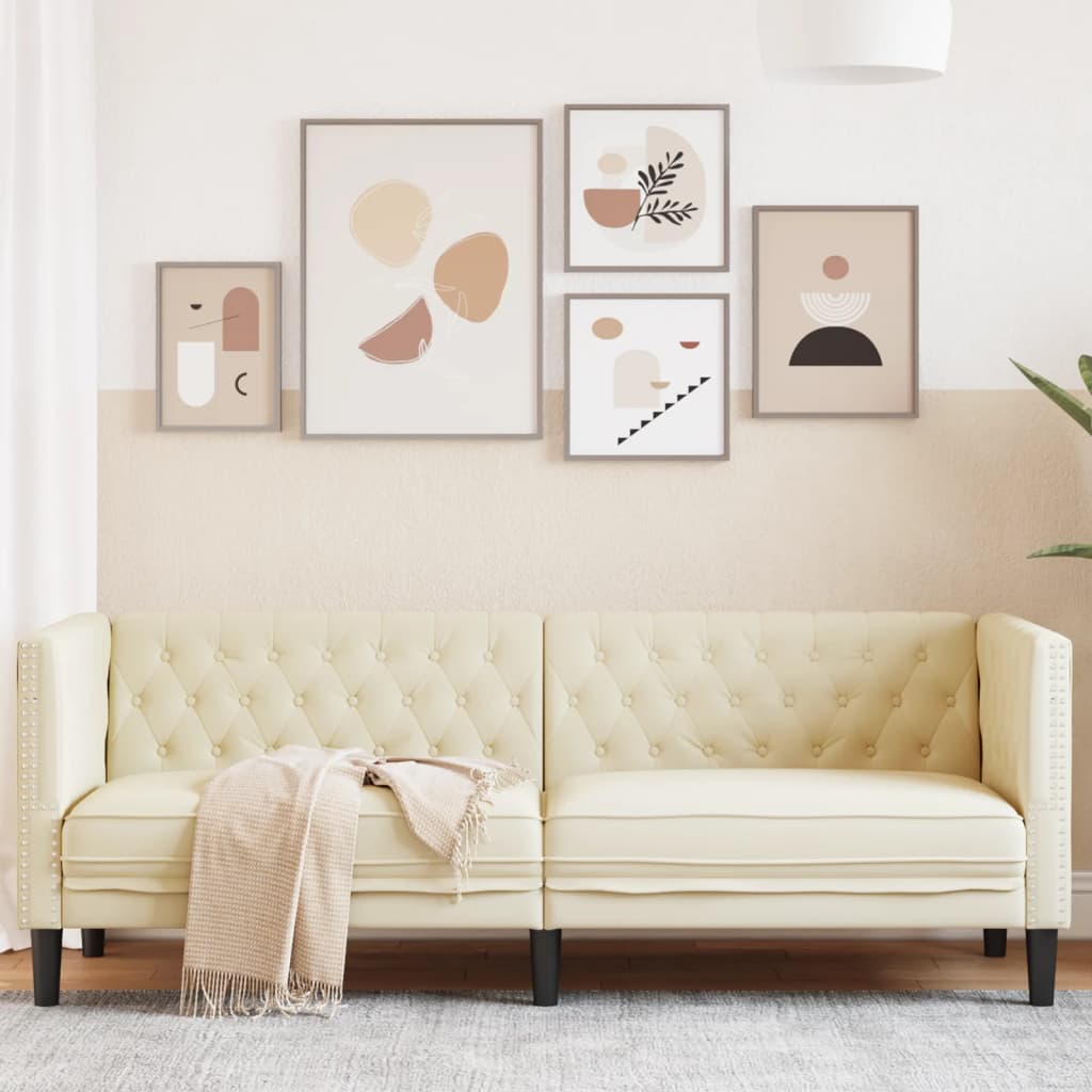 Sofá chesterfield 3 lugares couro artificial creme