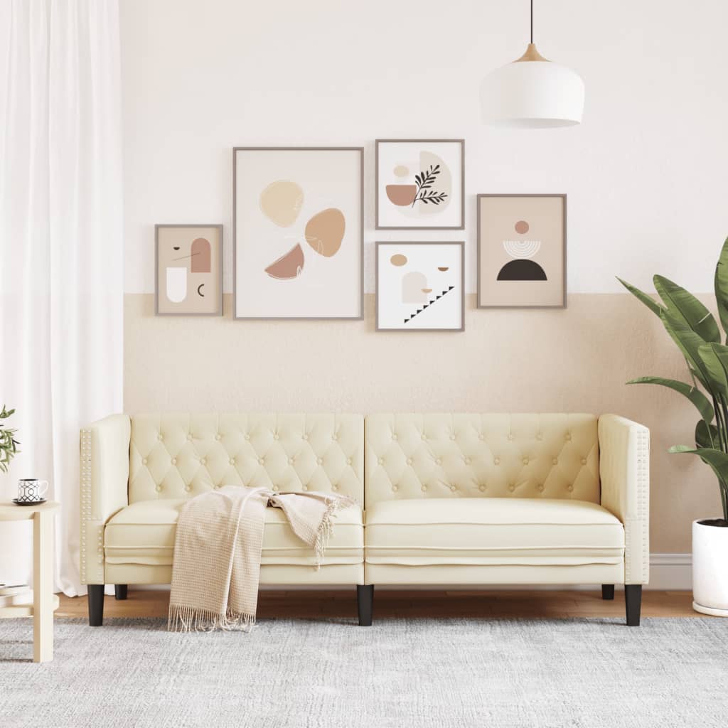 Sofá chesterfield 3 lugares couro artificial creme