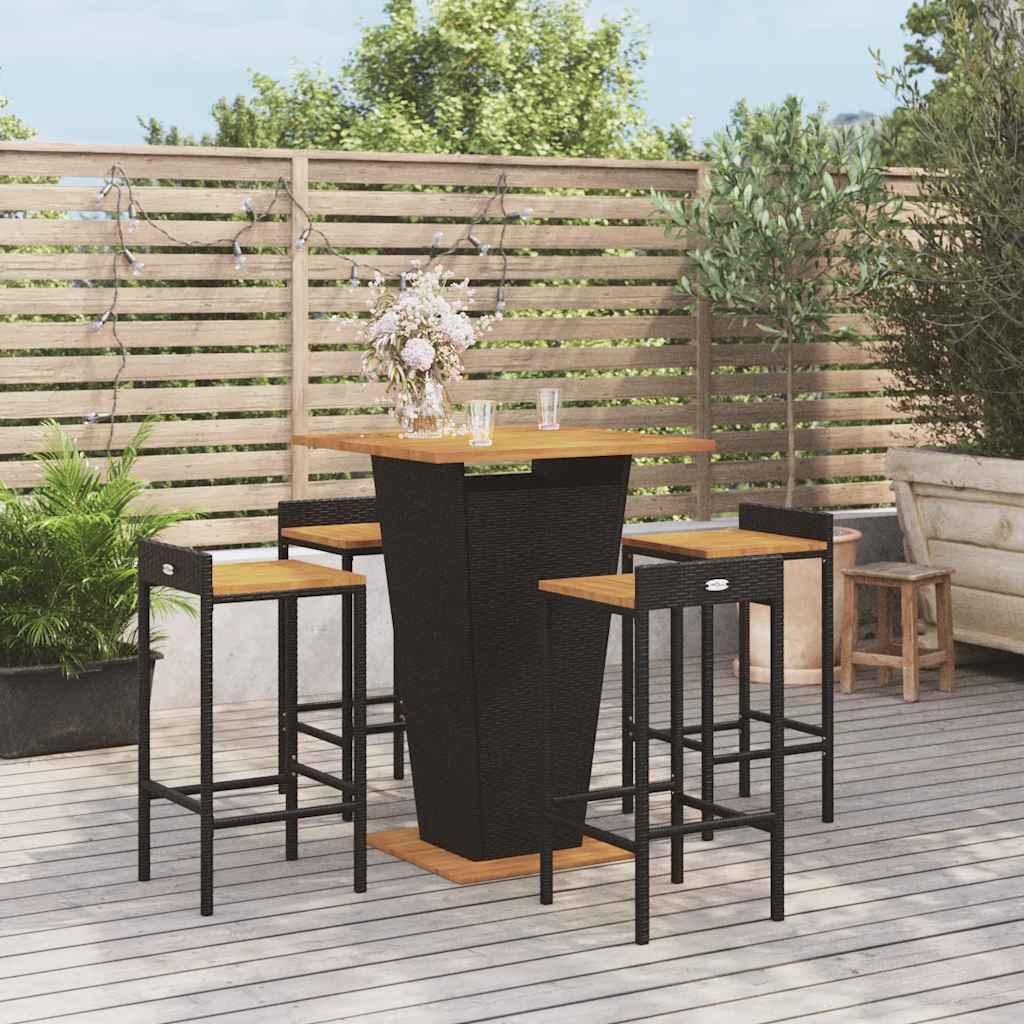 5 Pcs conjunto de bar p/ jardim vime PE/acácia maciça preto