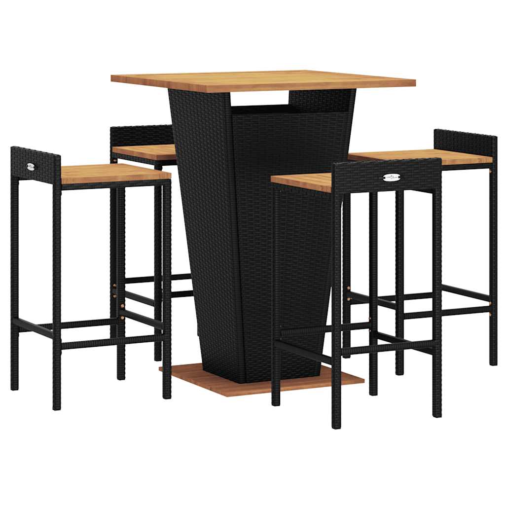 5 Pcs conjunto de bar p/ jardim vime PE/acácia maciça preto