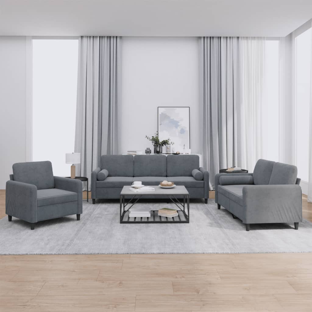3 Pcs conjunto de sofás com almofadas veludo cinzento-escuro