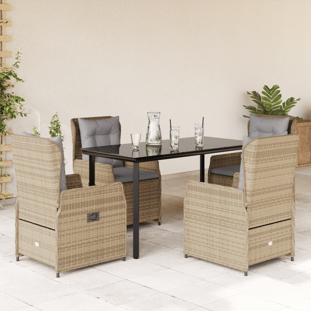 5 Pcs conjunto de jantar p/ jardim com almofadões vime PE bege