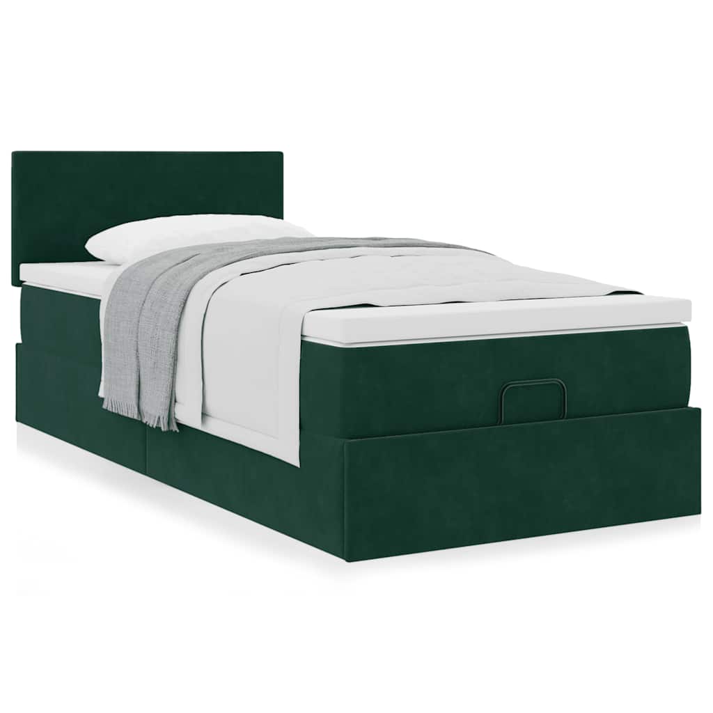 Cama otomana com colchão 120x190 cm veludo verde-escuro