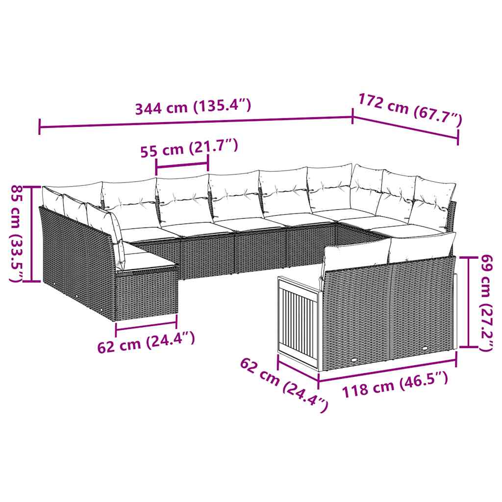 12 Pcs conjunto de sofás de jardim c/ almofadões vime PE preto