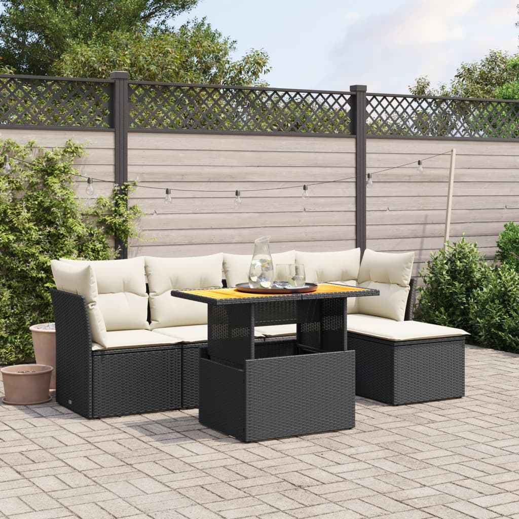 6 Pcs conjunto sofás de jardim c/ almofadões vime PE preto