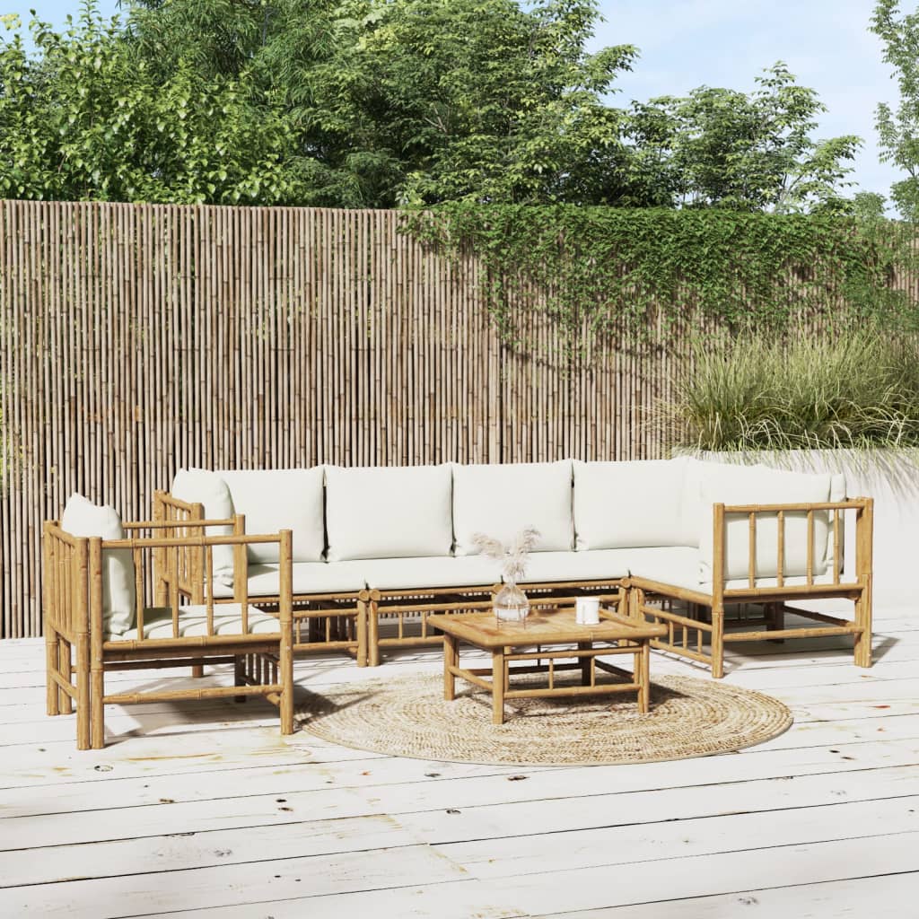 7 Pcs conjunto lounge de jardim bambu c/ almofadões branco nata