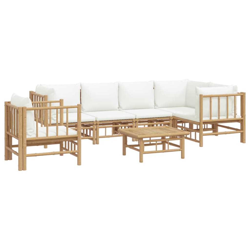 7 Pcs conjunto lounge de jardim bambu c/ almofadões branco nata