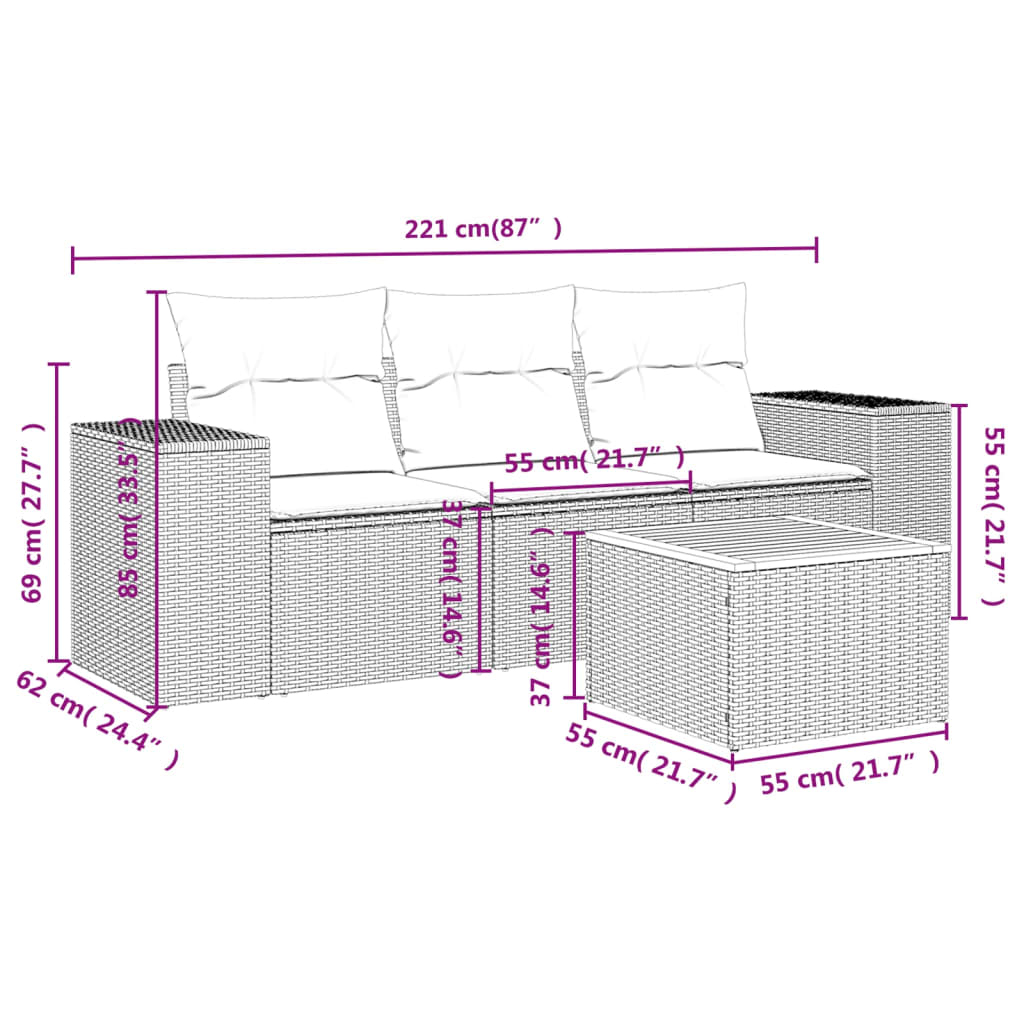 4 Pcs conjunto de sofás para jardim c/ almofadões vime PE bege
