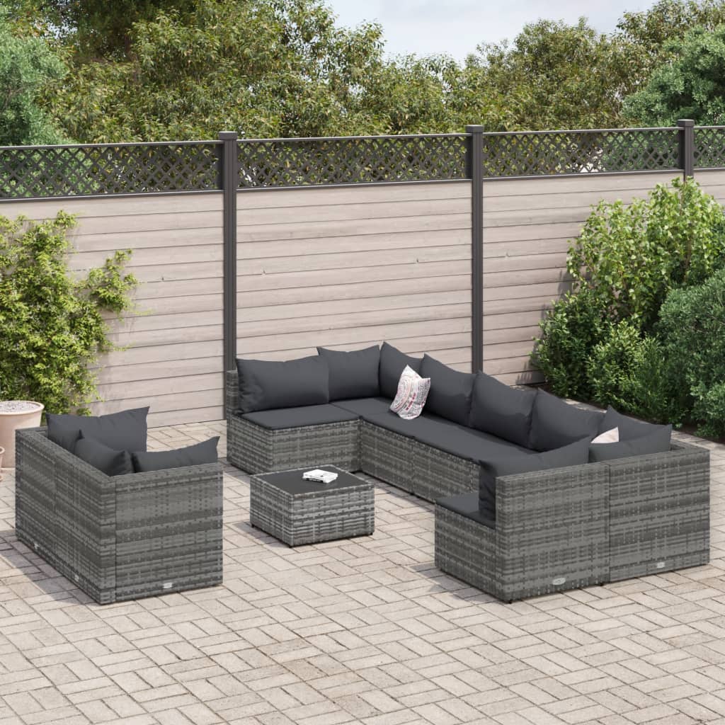 10 Pcs conjunto sofás de jardim c/ almofadões vime PE cinzento