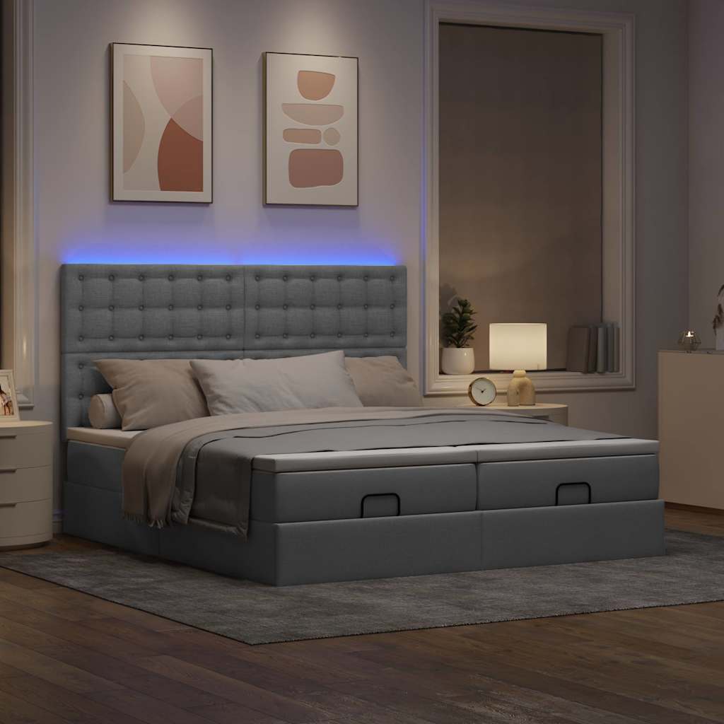Estrutura de cama otomana com colchões tecido cinzento claro