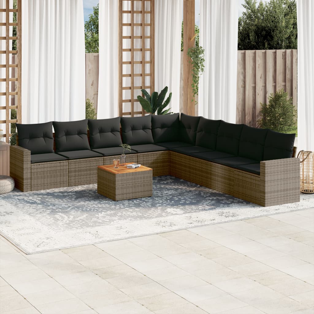 10 Pcs conjunto sofás de jardim c/ almofadões vime PE cinzento