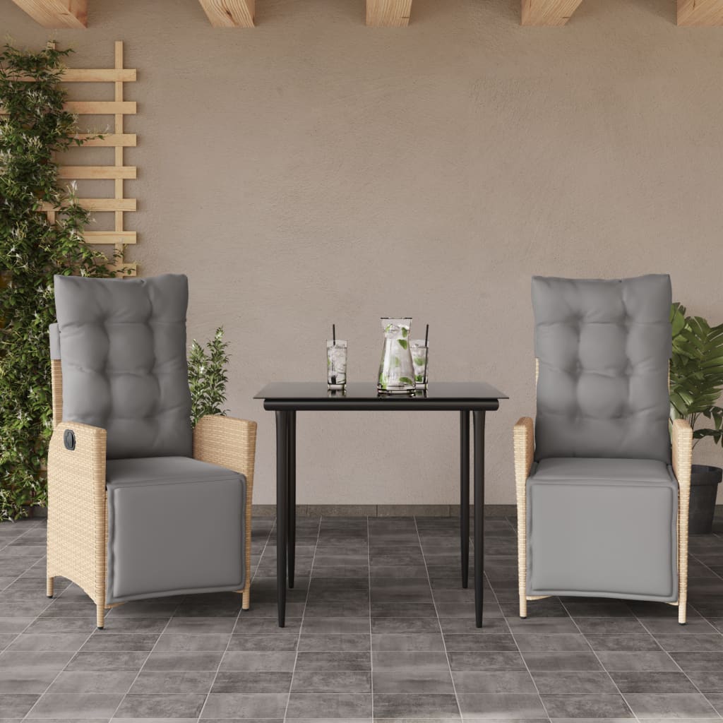 3 Pcs conj. jantar jardim c/ almofadões vime PE bege misturado