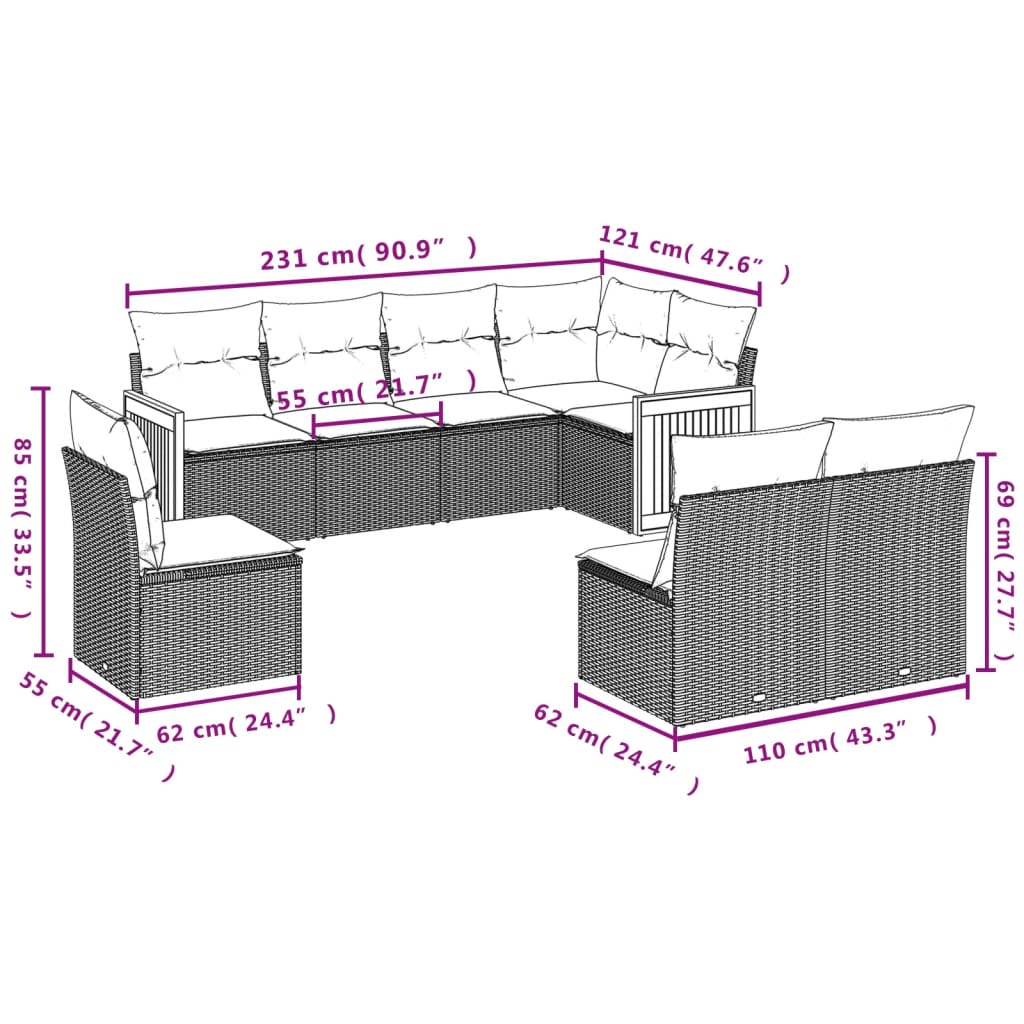 8 Pcs conjunto sofás de jardim com almofadões vime PE preto