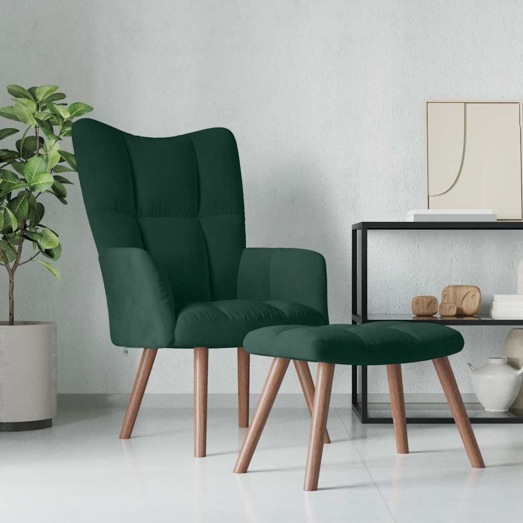 Cadeira de descanso com banco veludo verde-escuro