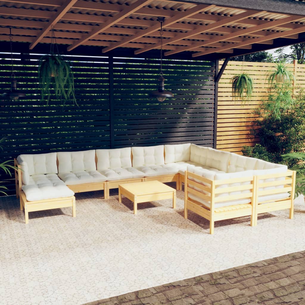 11 Pcs conjunto lounge de jardim c/ almofadões cor creme pinho
