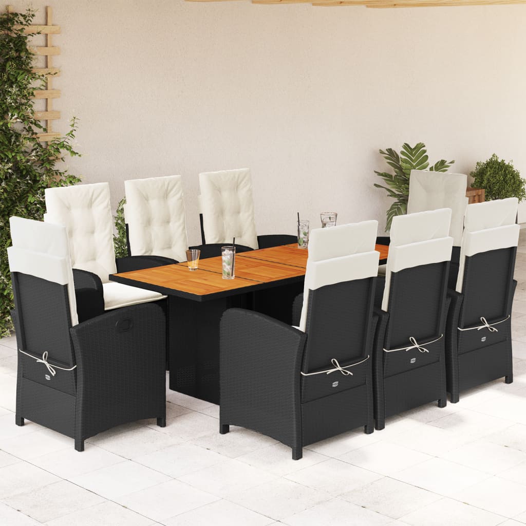 9 Pcs conjunto de jantar p/ jardim c/ almofadões vime PE preto