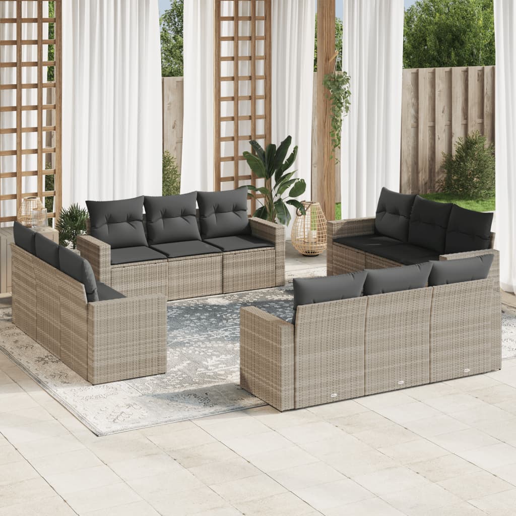 12 Pcs conj. sofás jardim com almofadões vime PE cinzento-claro