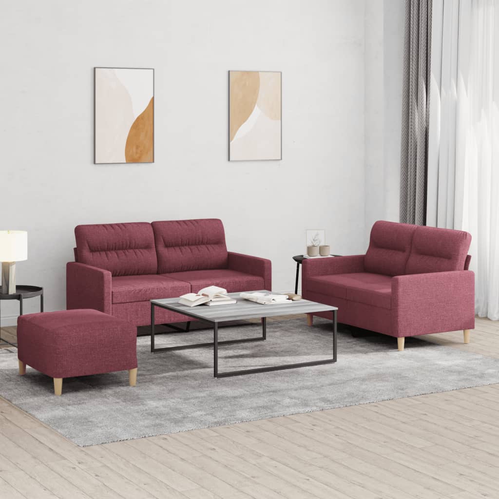 3 Pcs conjunto de sofás com almofadões tecido vermelho tinto