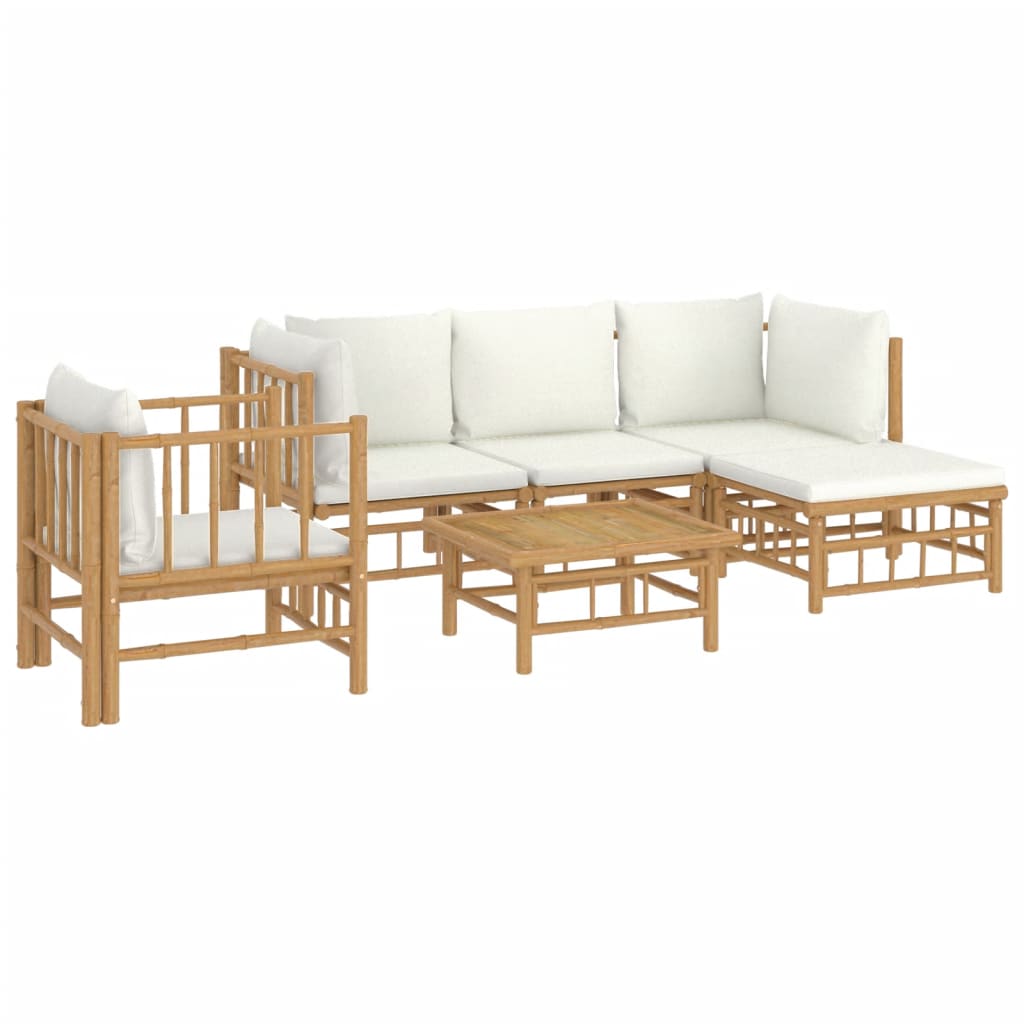 6 Pcs conjunto lounge de jardim bambu c/ almofadões branco nata