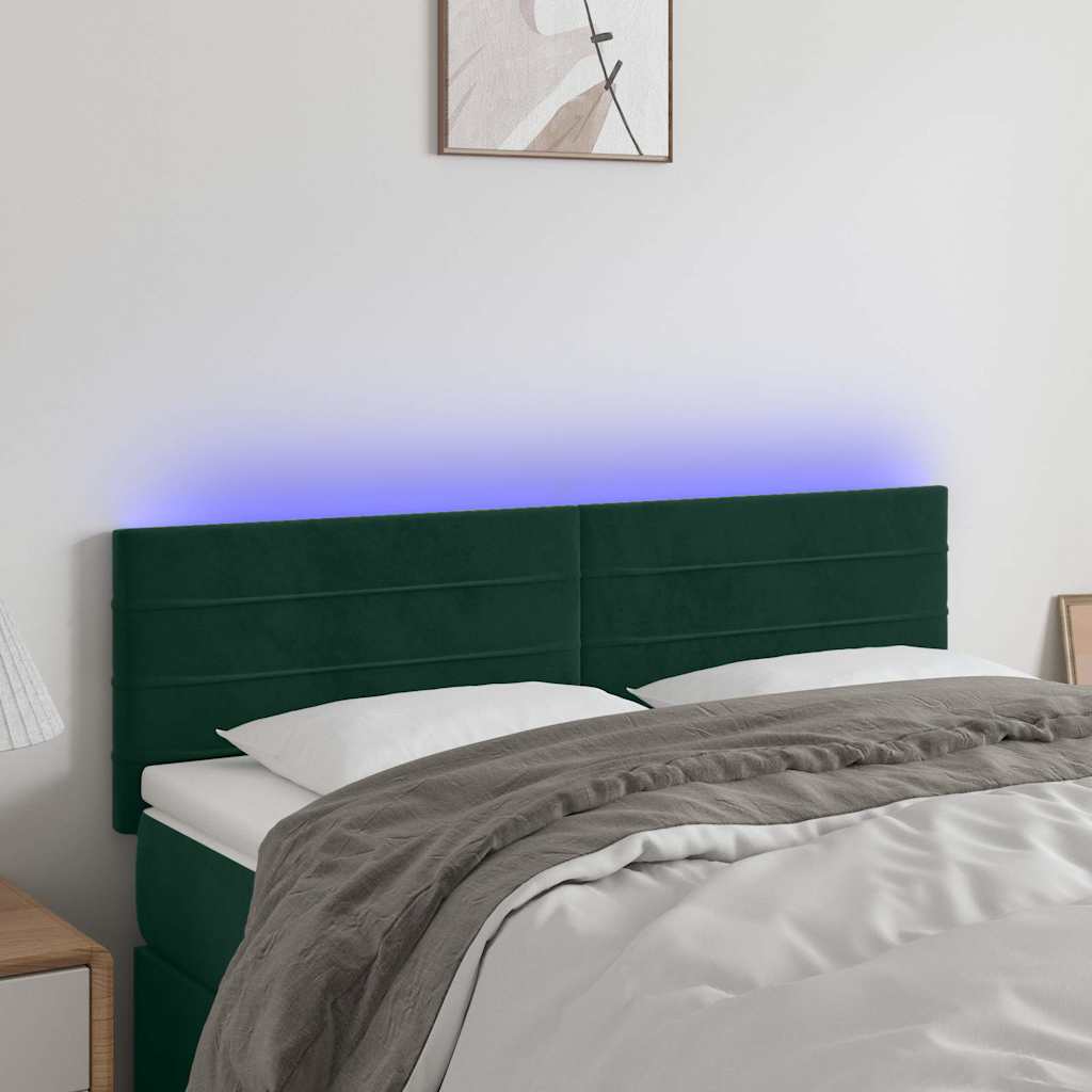 Cabeceira de cama c/luzes LED veludo 144x5x78/88cm verde-escuro