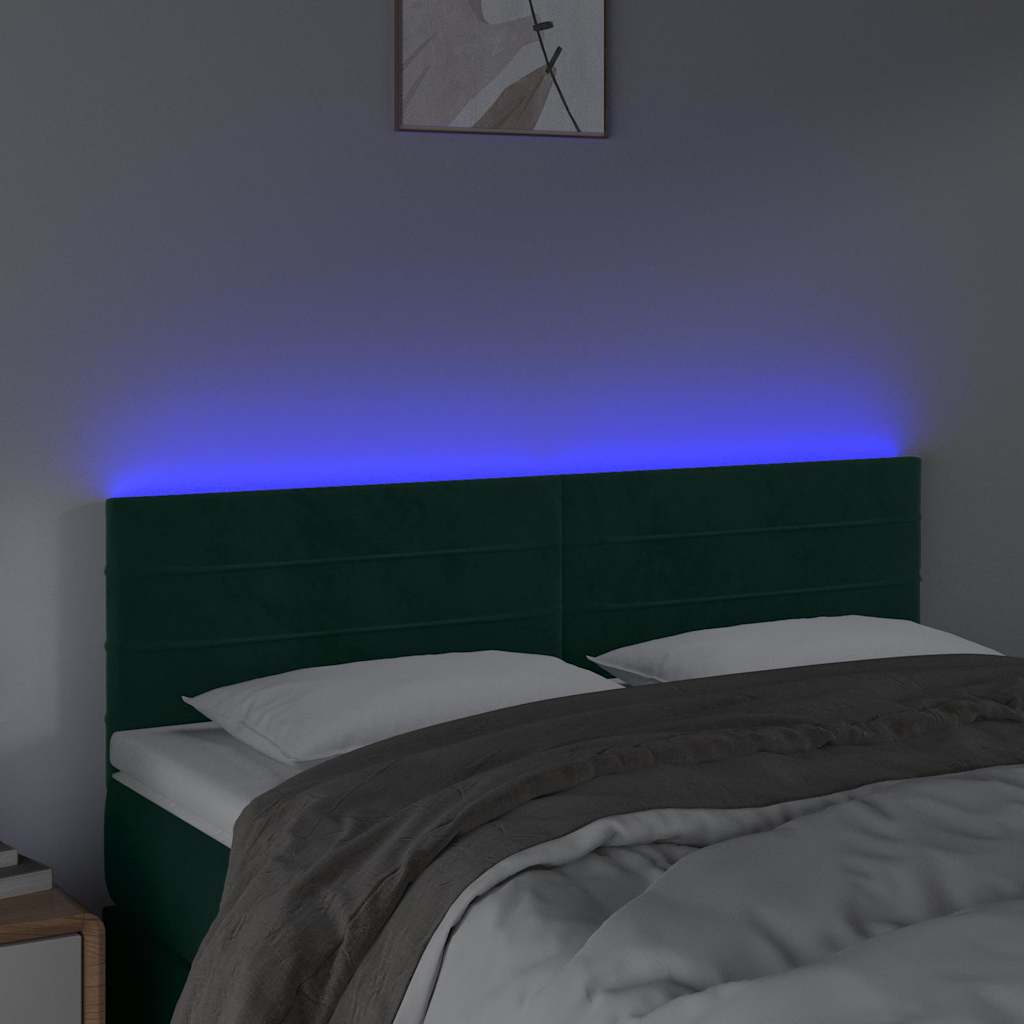 Cabeceira de cama c/luzes LED veludo 144x5x78/88cm verde-escuro