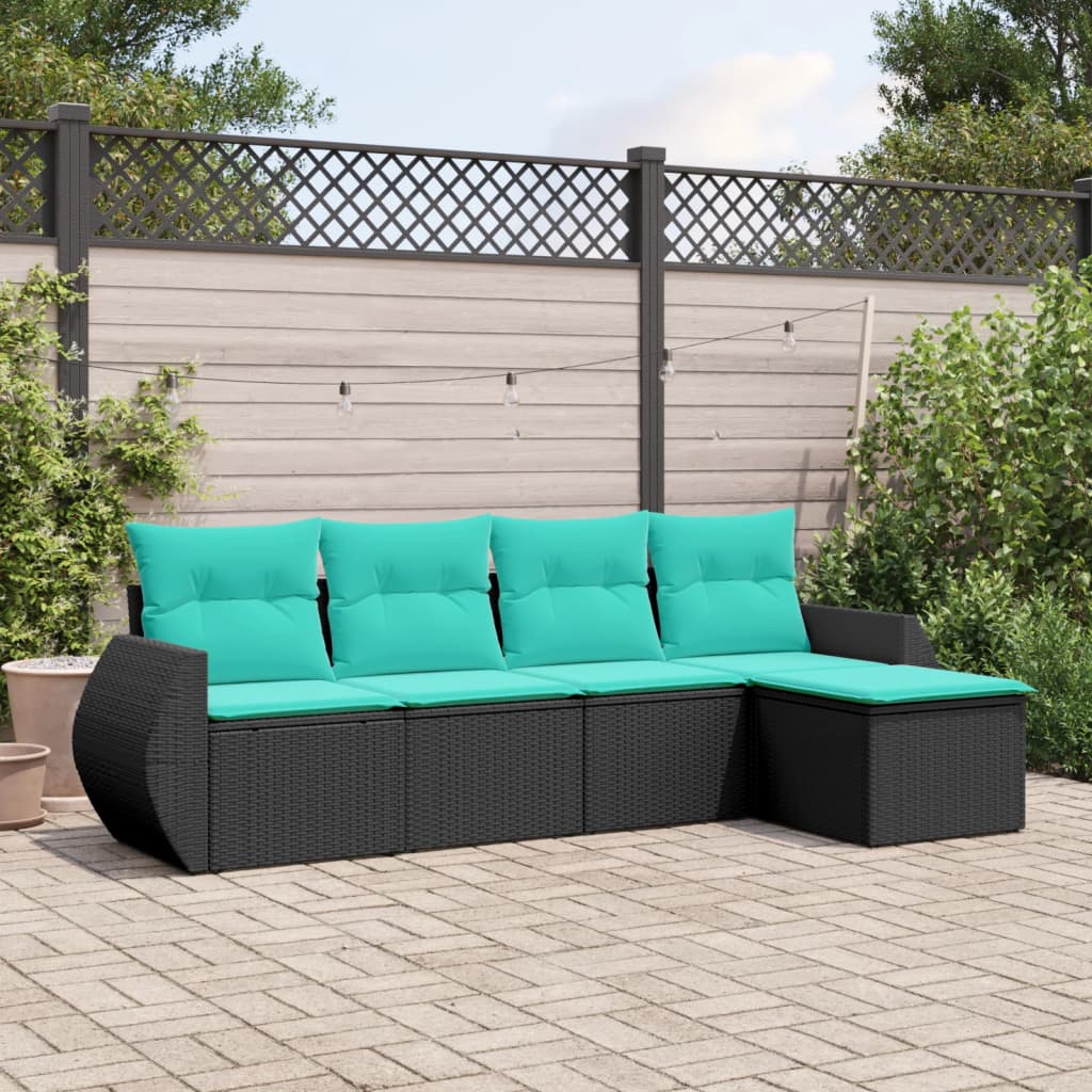 Conjunto de sofá de jardim de 5 peças com almofadas em rattan sintético preto