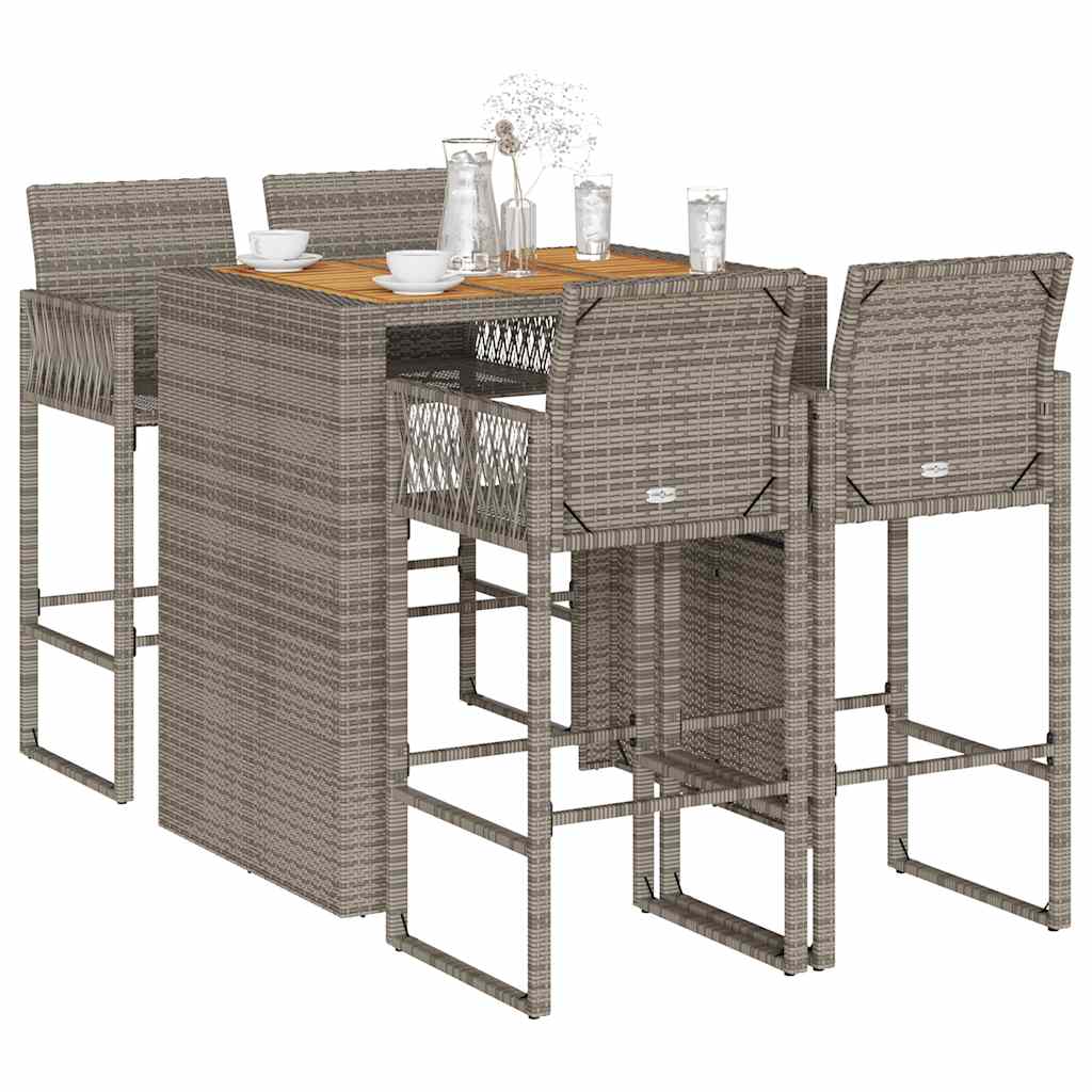 5 Pcs conj. bar jardim sem almofadões vime PE/acácia cinzento