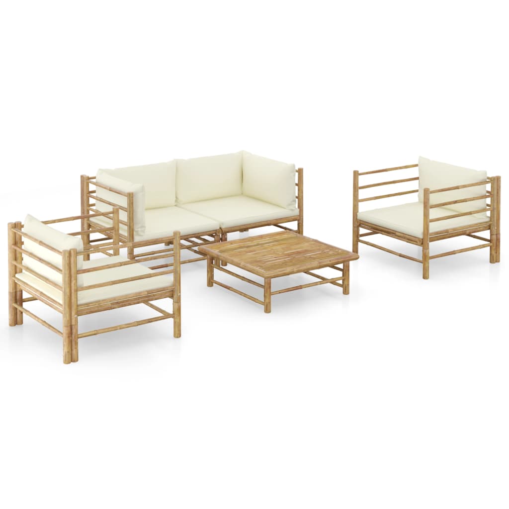 5 Pcs conj. lounge p/ jardim em bambu c/ almofadões branco nata