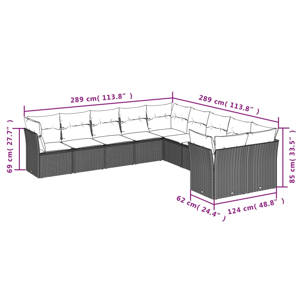 10 Pcs conjunto sofás de jardim c/ almofadões vime PE cinzento