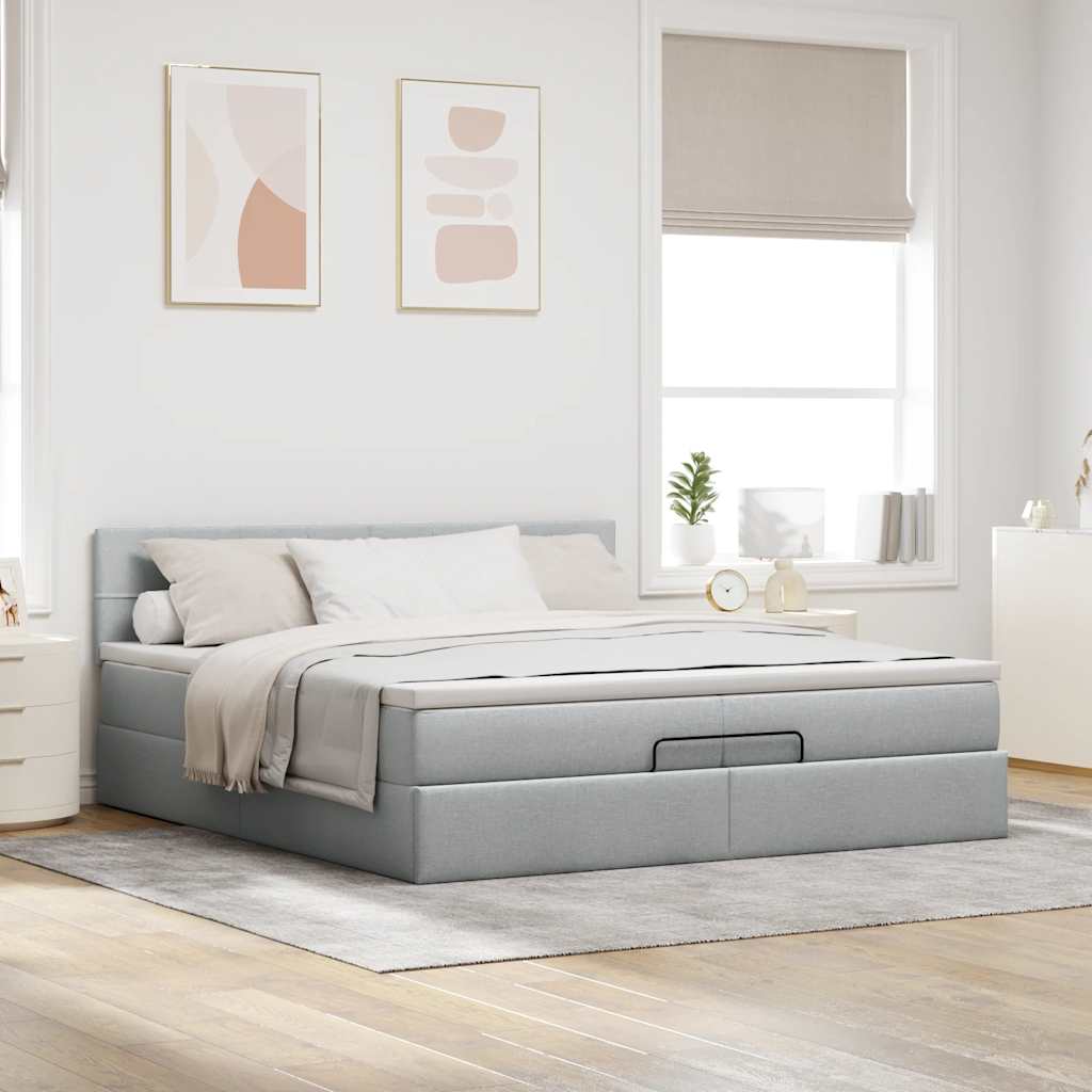 Estrutura de cama otomana com colchões tecido cinzento claro