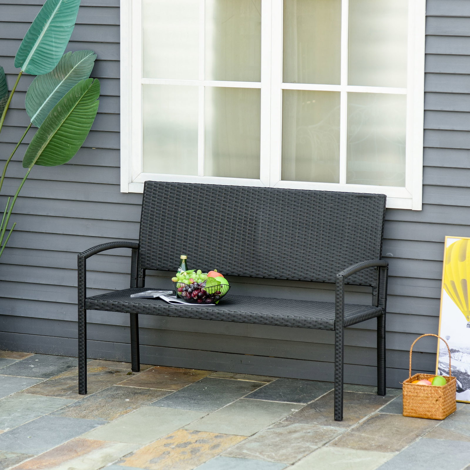 Banco jardim lounge cadeira 2 lugares móveis para jardim exterior terraço 2 lugares rattan sintético carga 320kg 122x60x87cm estrutura aço