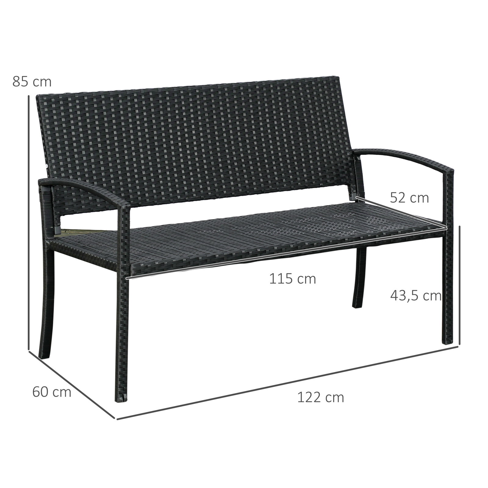 Banco jardim lounge cadeira 2 lugares móveis para jardim exterior terraço 2 lugares rattan sintético carga 320kg 122x60x87cm estrutura aço